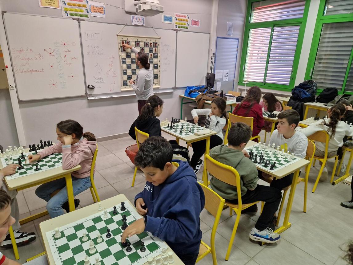 Collégiens découvrant le jeu d’échecs pendant un cours collectif en établissement scolaire