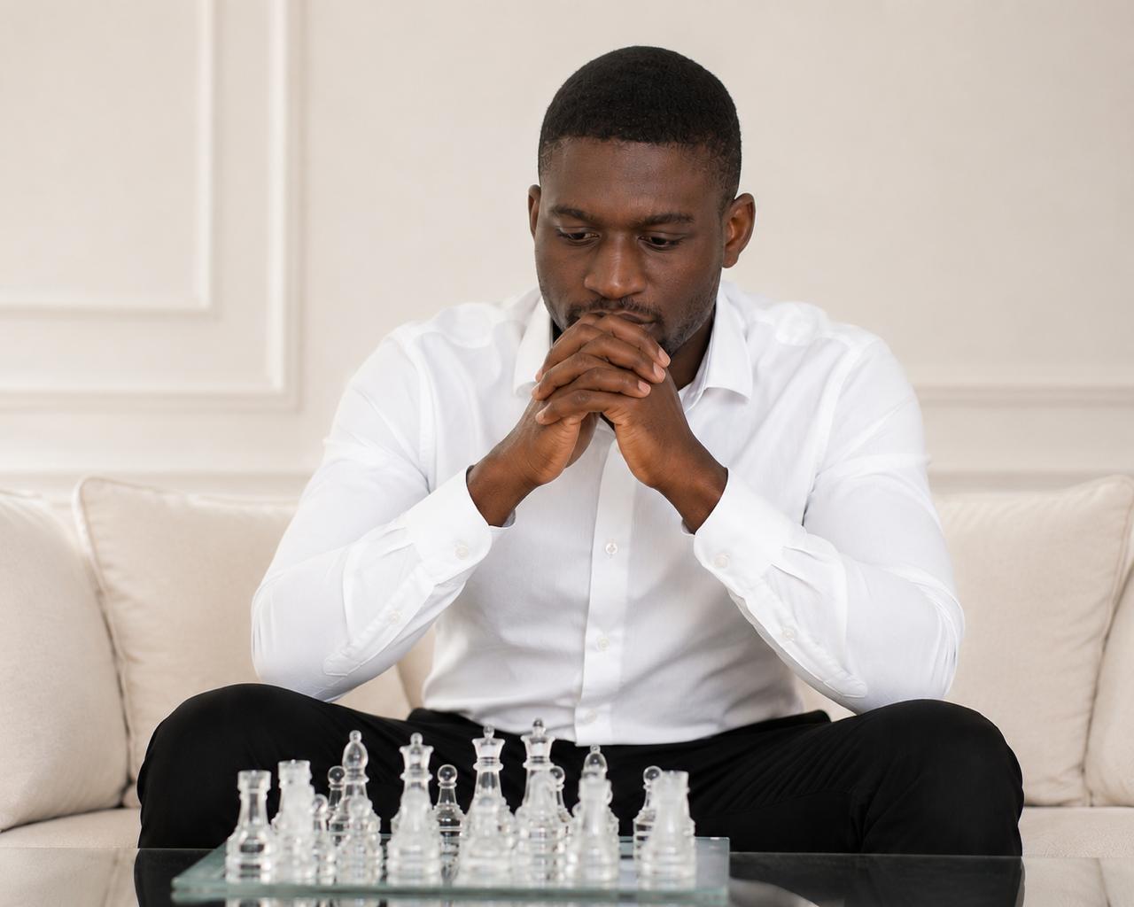 Professeur d'échecs réfléchissant devant un échiquier